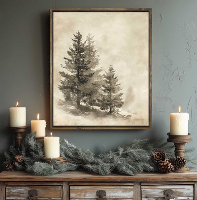 Sepia Pine Tree Drawing